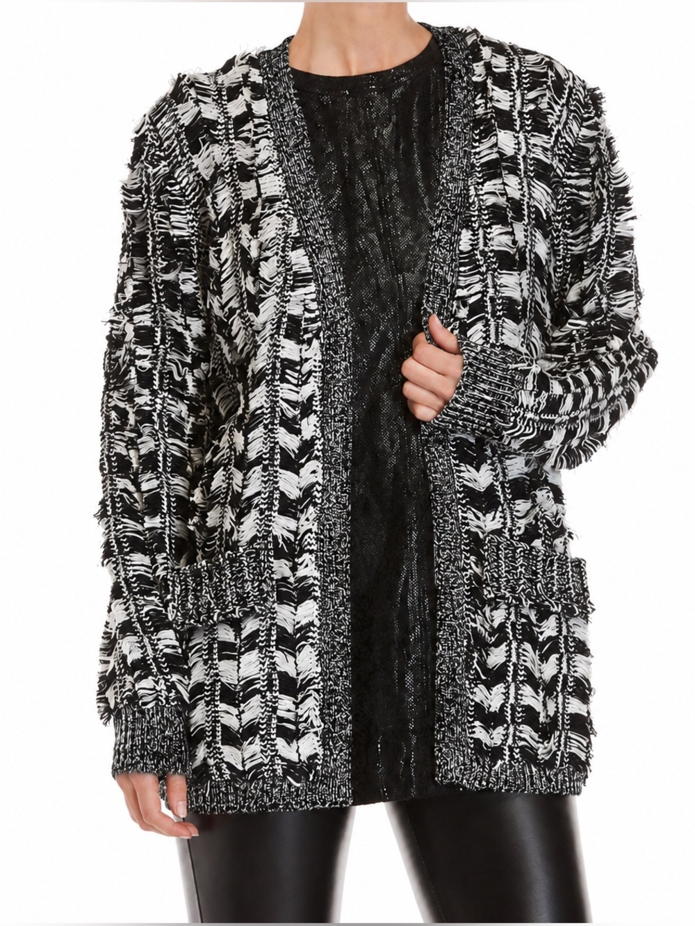 Revolve Endless Rose Black and White Textured fringe OpenFront Cardigan size M/L
